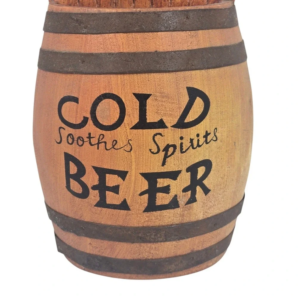 Vtg Wood Barrel Bottle Opener Wall Mount Cap Catcher Beer Spirits Bar Decor 11